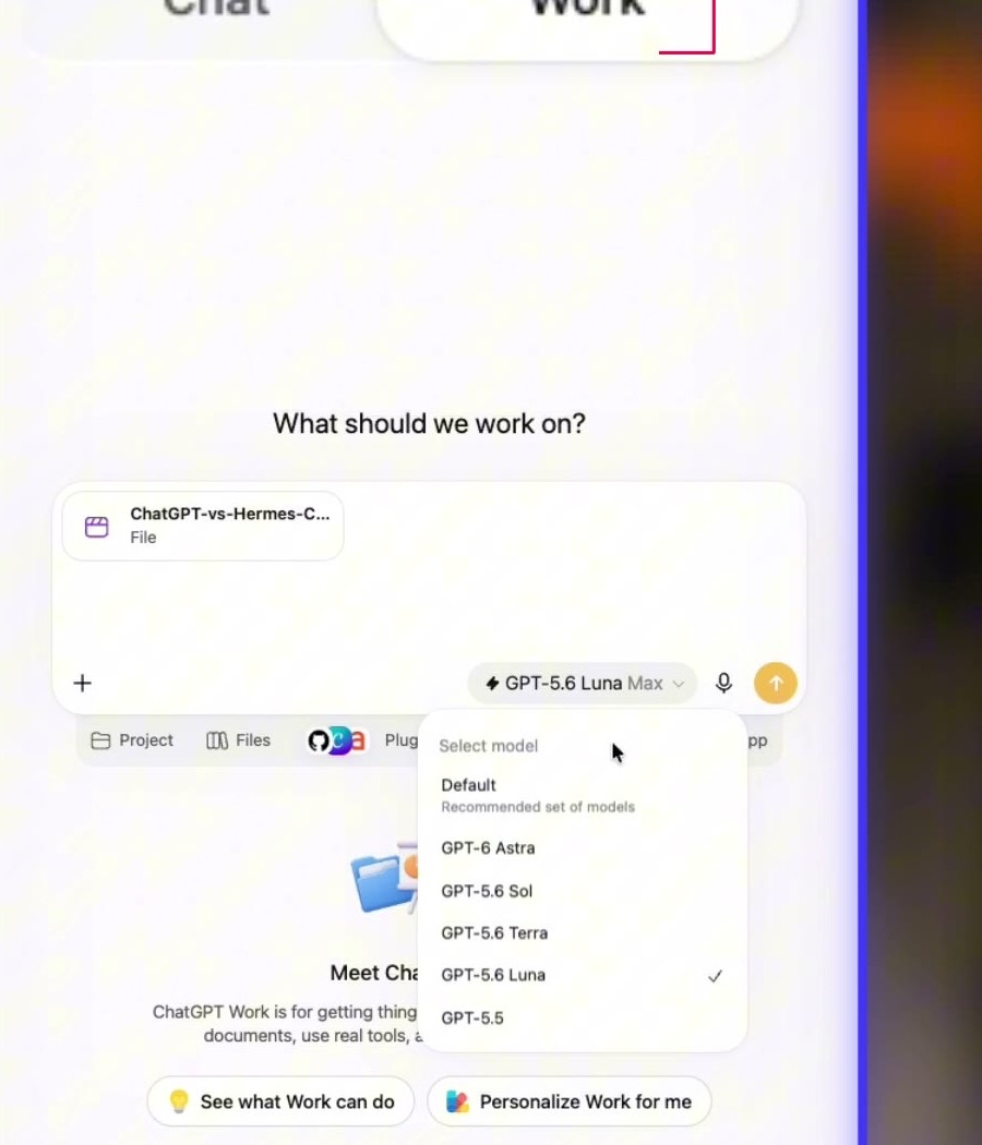 اختيار Work والموديل من داخل ChatGPT