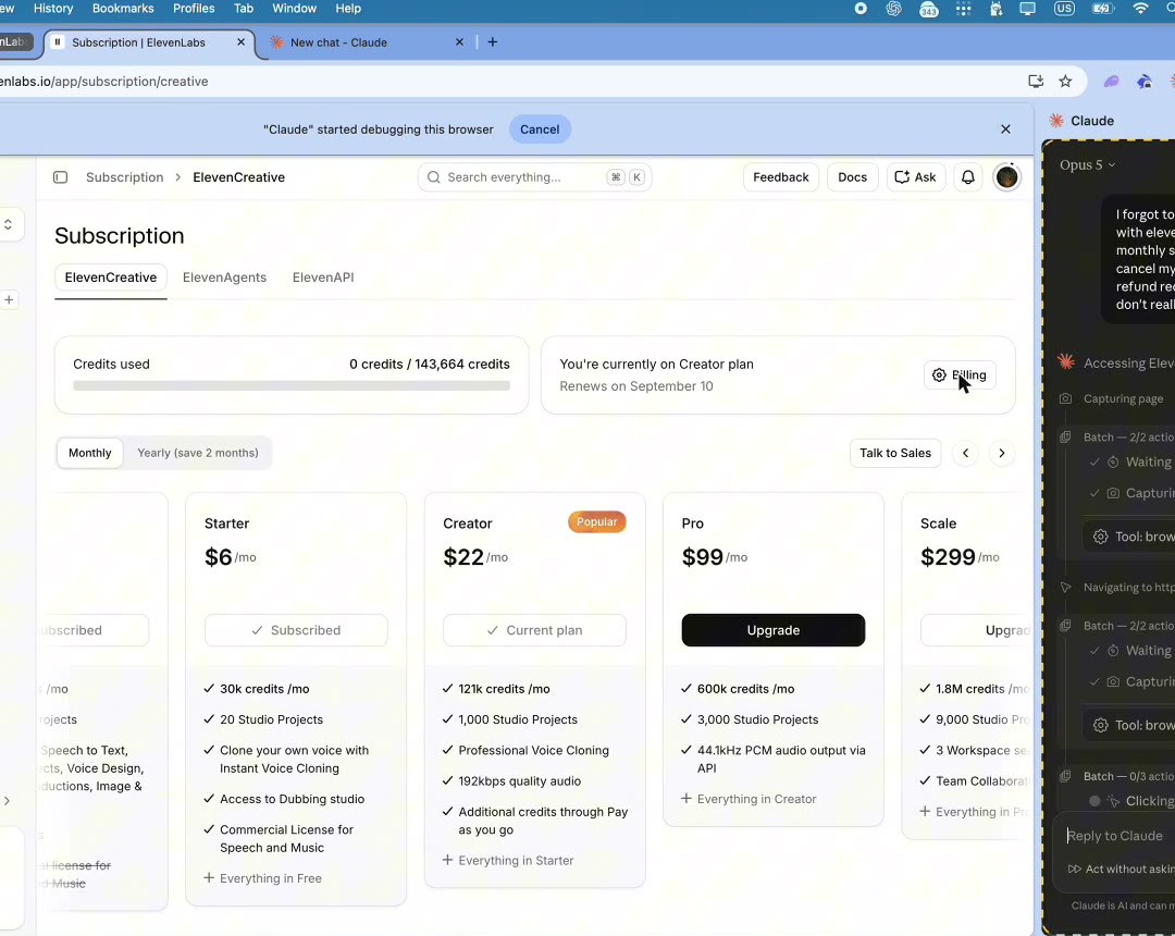 إضافة Claude تتحكم بصفحة اشتراك ElevenLabs مع شريط debugging