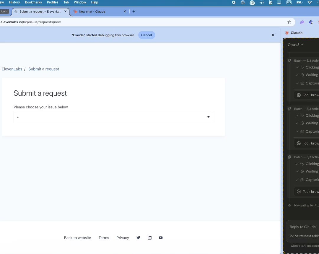 Claude فتح فورم Submit a request داخل ElevenLabs