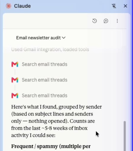 Claude يجمع نتائج Gmail حسب المرسل من العناوين فقط