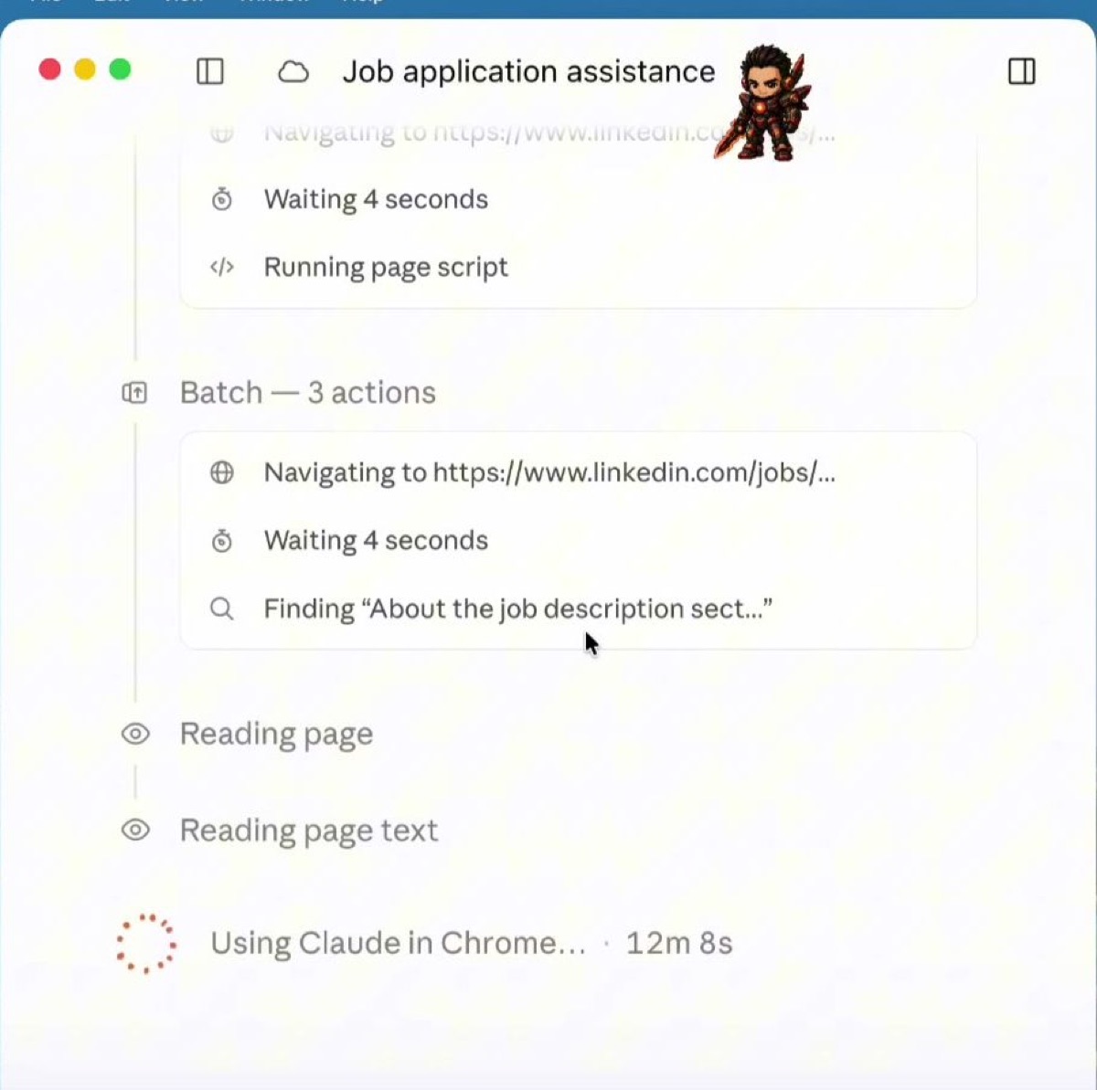 Claude in Chrome يفتح LinkedIn ويقرأ صفحة الوظيفة وينفذ خطوات متتابعة