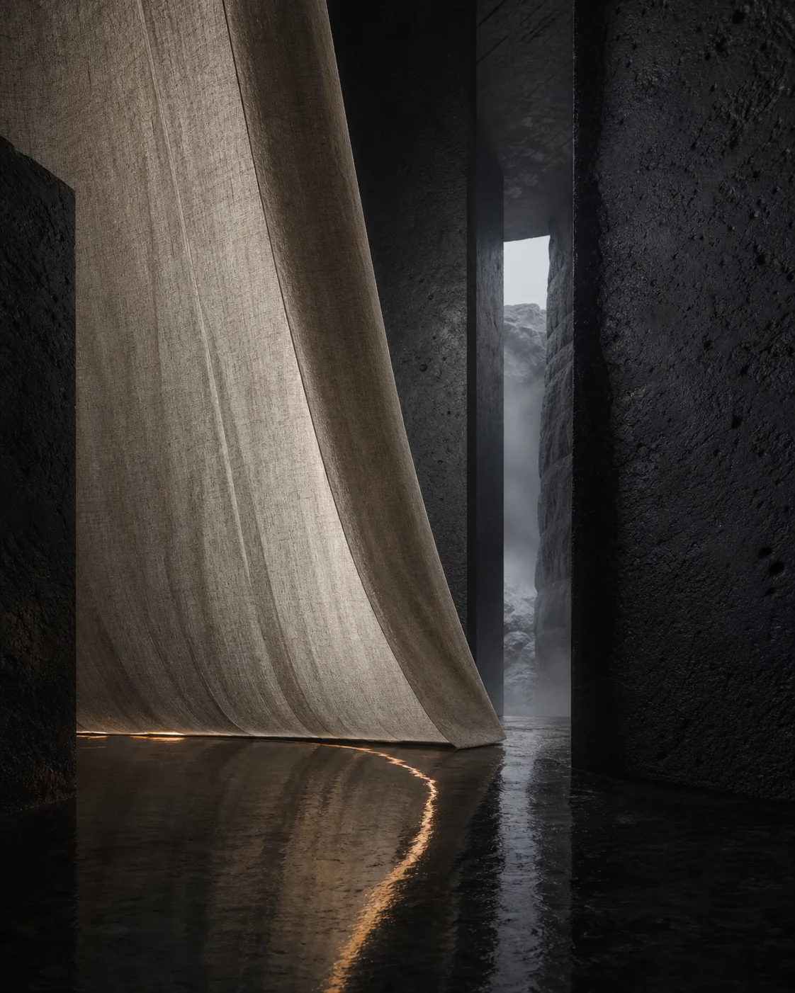 Pale linen suspended in a dark basalt chamber above reflective water